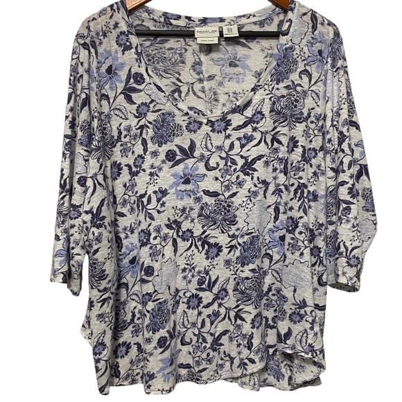 Rachel Zoe Tops - Rachel Zoe 100% Linen Blue Floral Boho Top Womens Size 1X V-neck 3/4 Sleeve